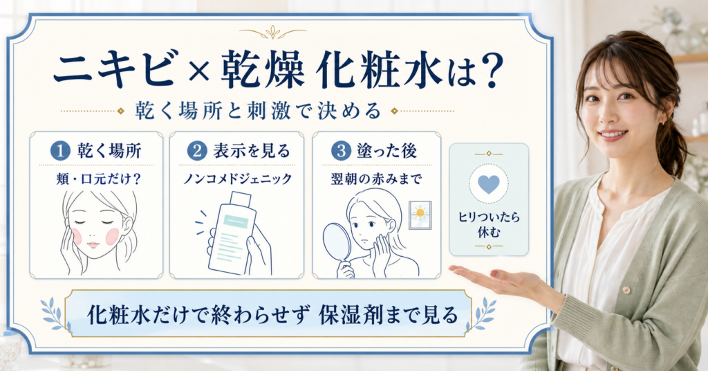 ニキビがある乾燥肌で化粧水を使う条件を示す美容ボード