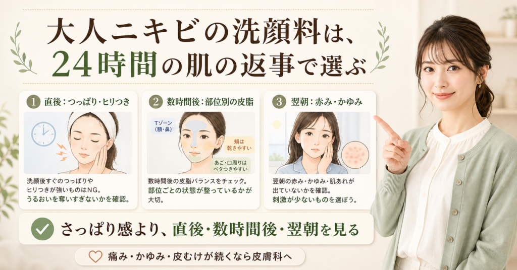 大人ニキビの洗顔料を直後・数時間後・翌朝の肌で選ぶ図解