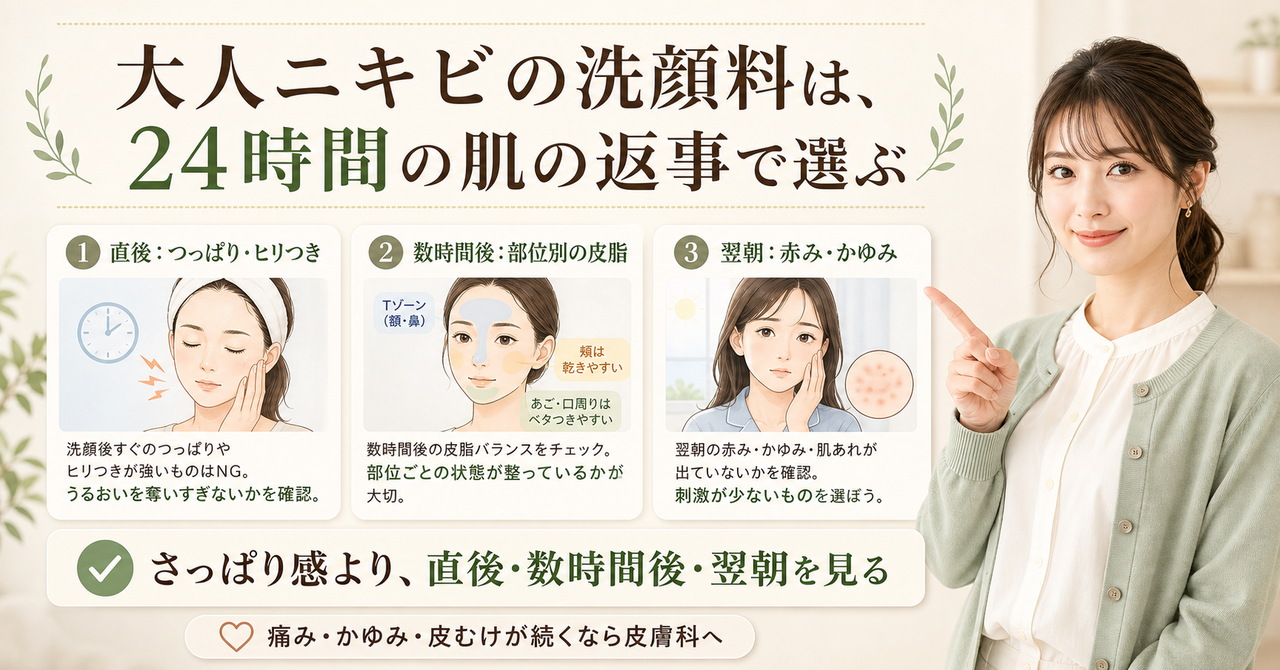 大人ニキビの洗顔料を直後・数時間後・翌朝の肌で選ぶ図解