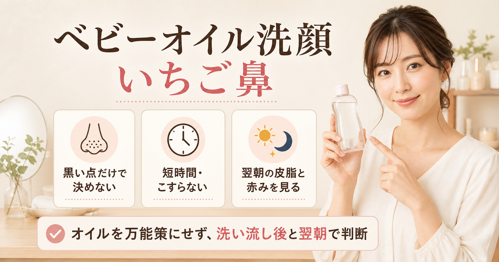 ベビーオイル洗顔といちご鼻の見方を示す美容ボード
