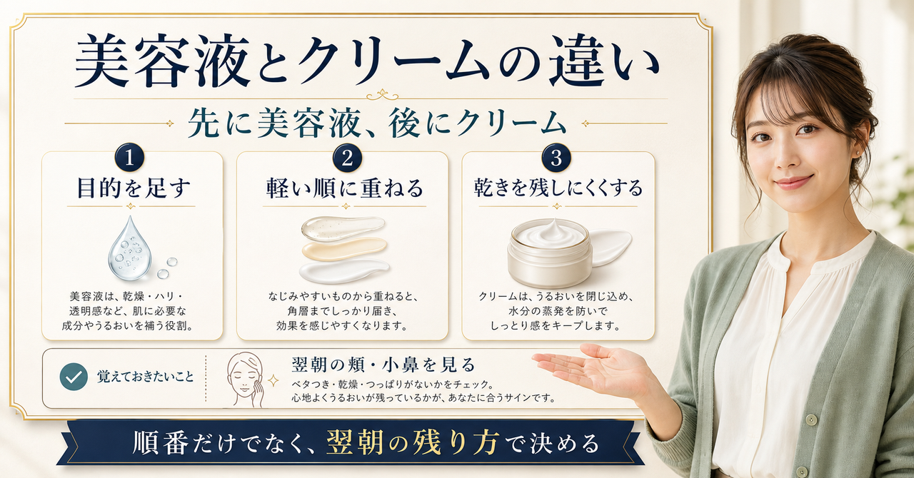 美容液とクリームの違いは?毛穴ケアで重ねる順番と役割を整理を示すアイキャッチ
