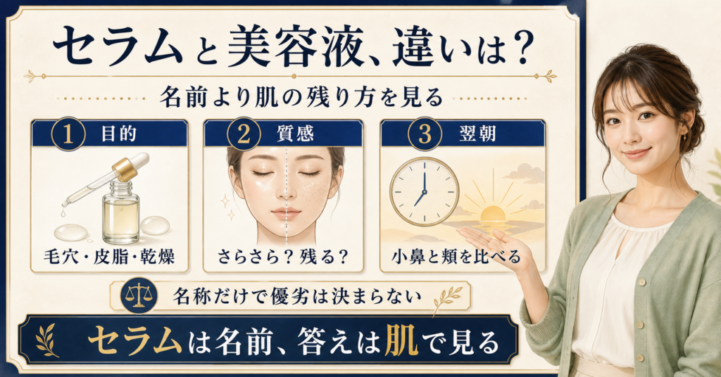 セラムと美容液の違いは？毛穴ケアで見る選び方と使い分けを示すアイキャッチ