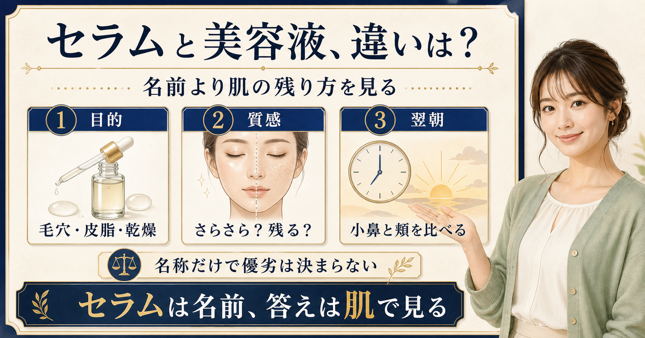 セラムと美容液の違いは?毛穴ケアで見る選び方と使い分けを示すアイキャッチ