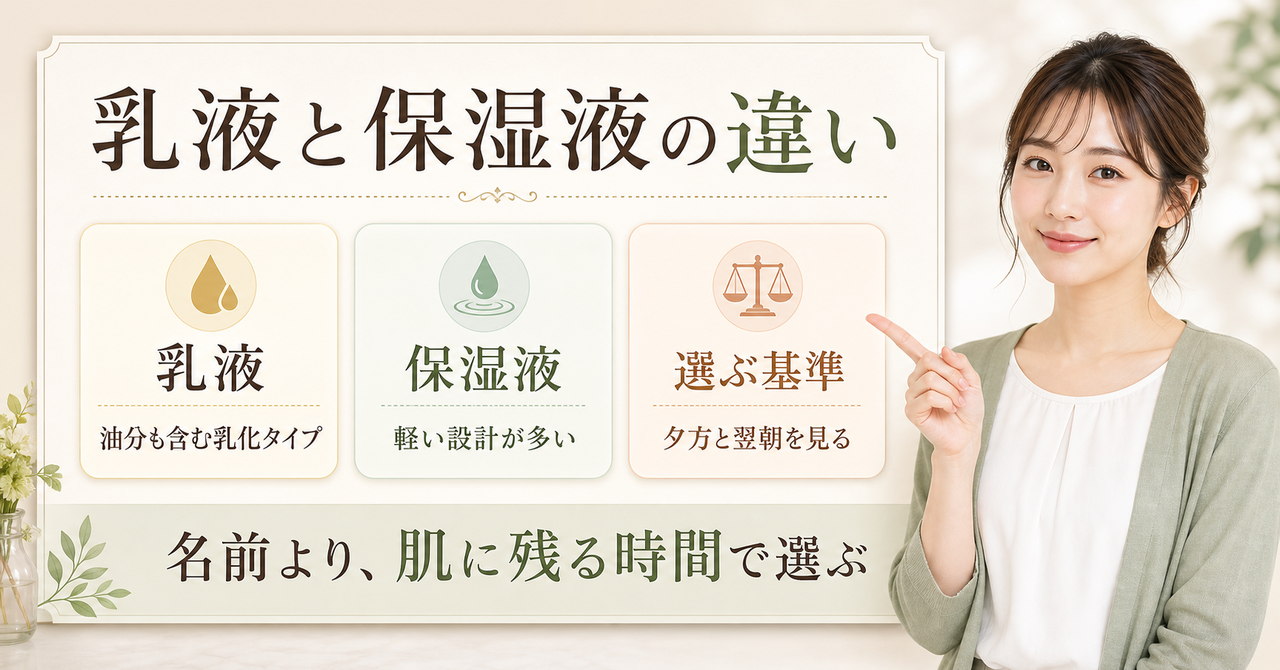 乳液と保湿液の違いは?毛穴ケアで選ぶ時の役割と使い分けを示すアイキャッチ