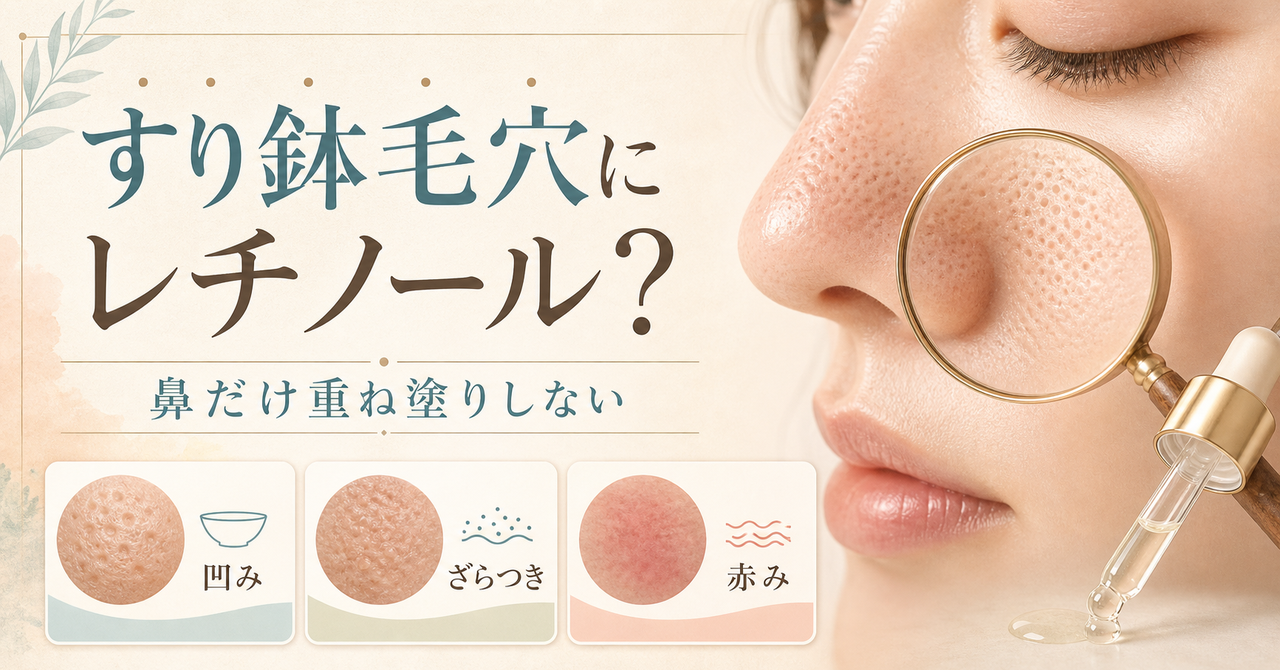 すり鉢状毛穴にレチノールは使える？鼻の凹凸を強くこすらない見方を示すアイキャッチ