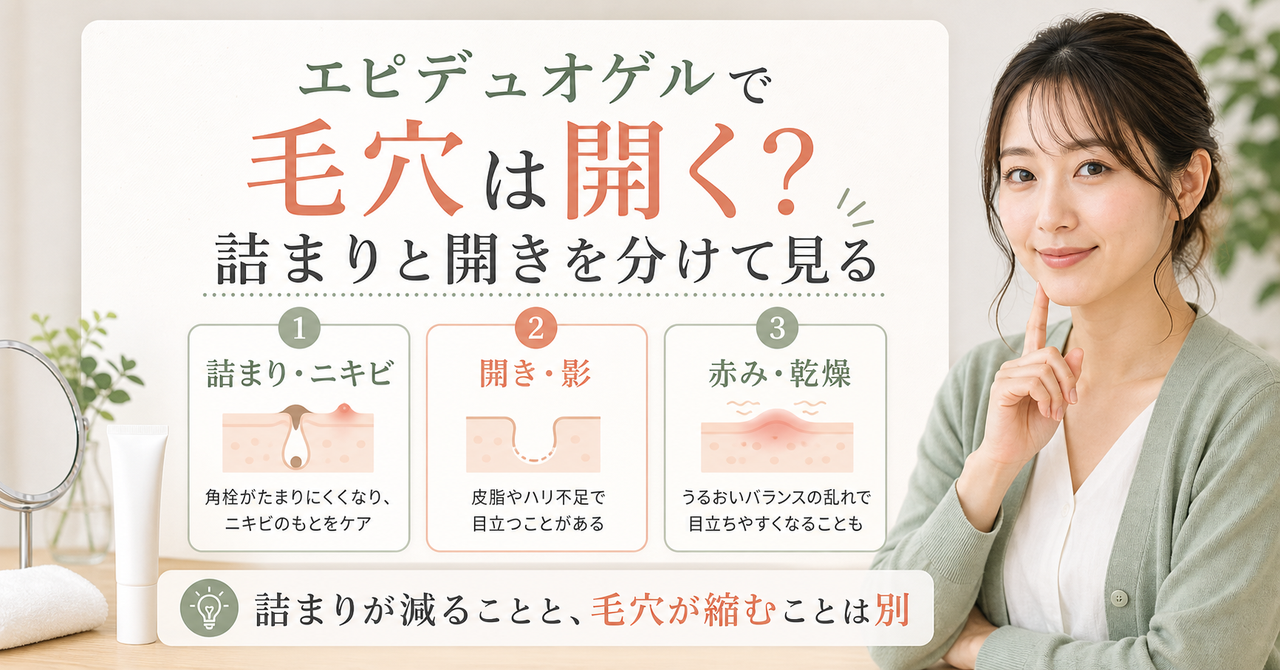 エピデュオゲルで毛穴の開きは変わる？使う前に知りたい薬の位置づけを示すアイキャッチ