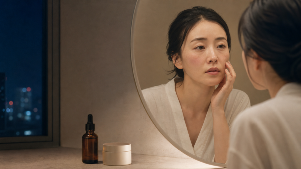 夜の鏡で頬の軽い赤みを落ち着いて確かめる女性の特集ビジュアル