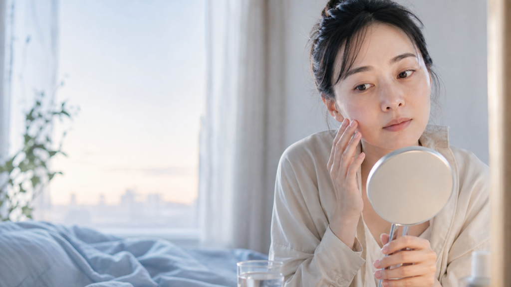 寝不足の朝に窓辺で鏡を見ながら肌を確かめる女性の特集ビジュアル