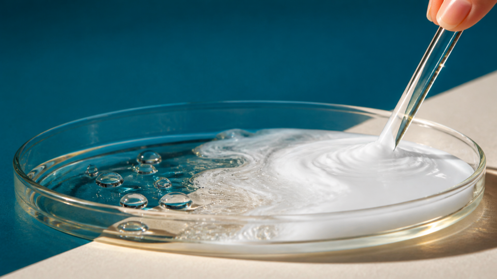 透明なオイルと水が混ざり白い乳化状態へ変わる様子をガラス皿で見せた特集ビジュアル