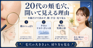20代の頬毛穴が開いて見える条件を朝夕の変化と3つの観察カードで示すアイキャッチ