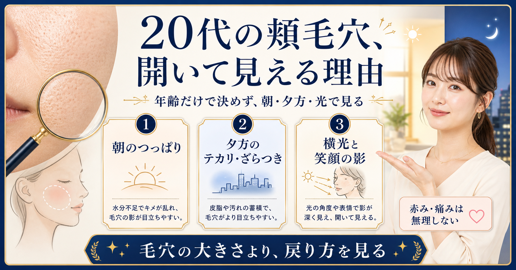 20代の頬毛穴が開いて見える条件を朝夕の変化と3つの観察カードで示すアイキャッチ