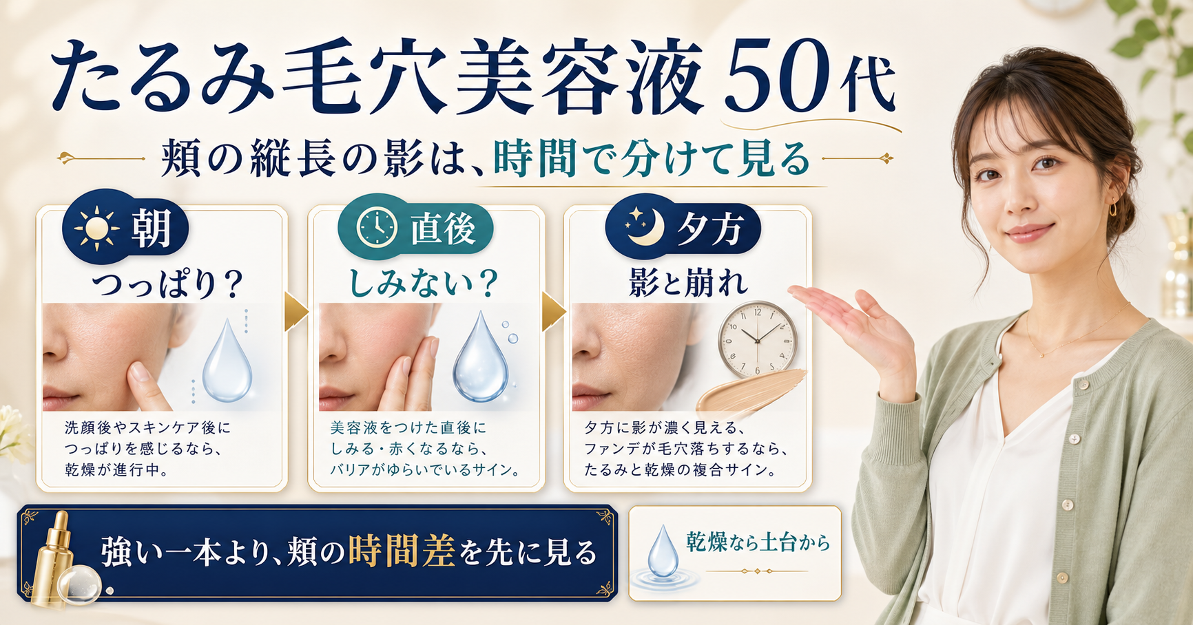 たるみ毛穴美容液 50代を頬の時間差で考える図解