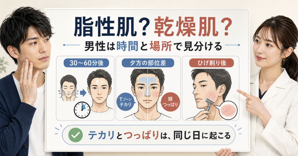 男性の脂性肌と乾燥肌を時間・部位・ひげ剃り後の観察カードで見分けるアイキャッチ