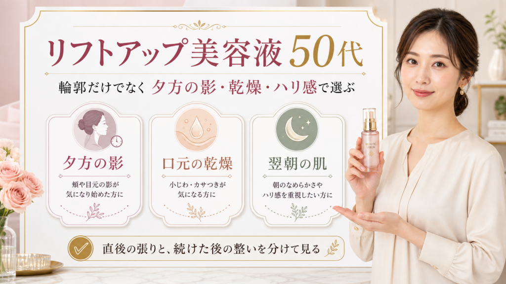 50代のリフトアップ美容液を夕方の影と乾燥と翌朝の肌で選ぶビューティーボード