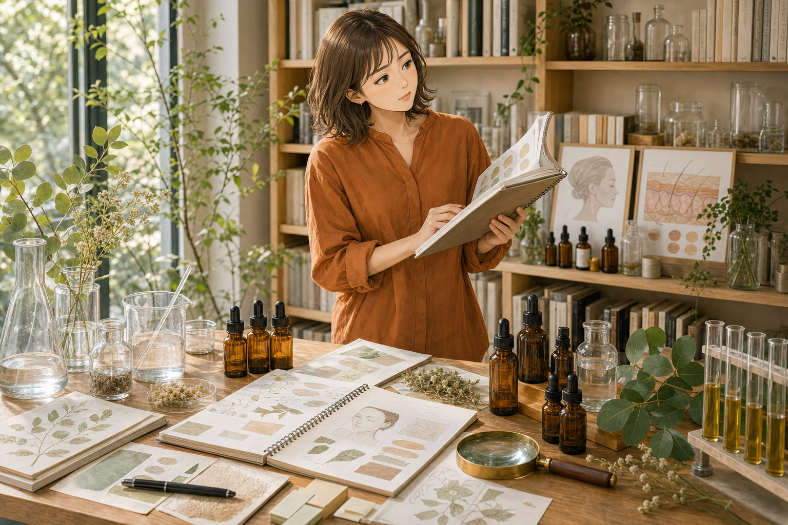ちふゆがChocobraラボで、スキンケアの資料と成分を調べる様子