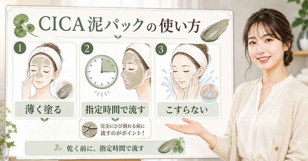 CICA泥パックを薄く塗り、指定時間で流し、こすらない使い方の図解