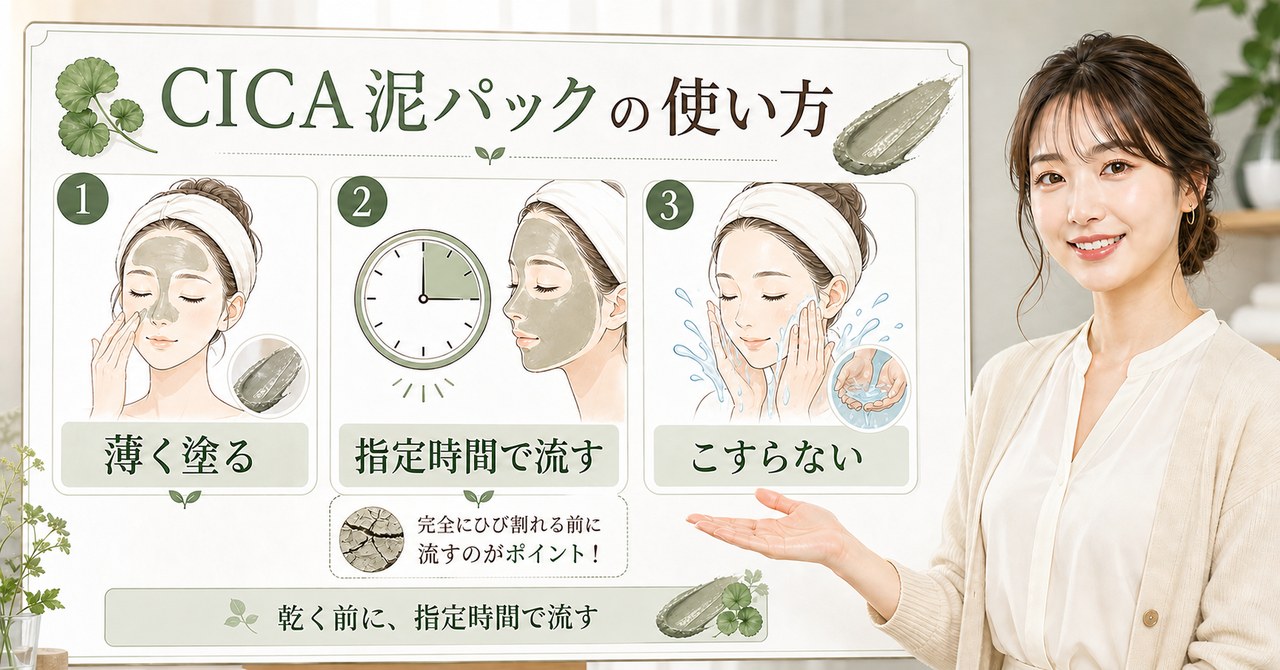 CICA泥パックを薄く塗り、指定時間で流し、こすらない使い方の図解