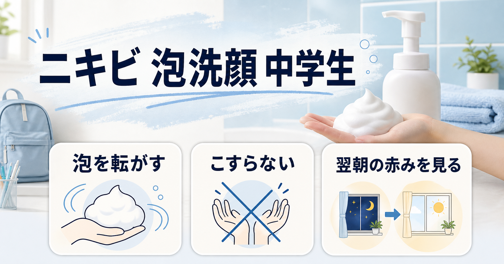 中学生のニキビ泡洗顔を泡、摩擦、翌朝で見る美容ボード