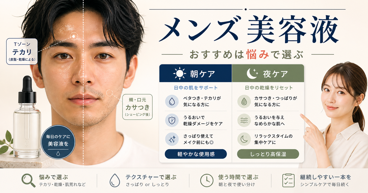 皮脂や乾燥など悩み別にメンズ美容液を選ぶ比較ボード