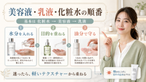 美容液 乳液 化粧水の順番を示す美容ボード