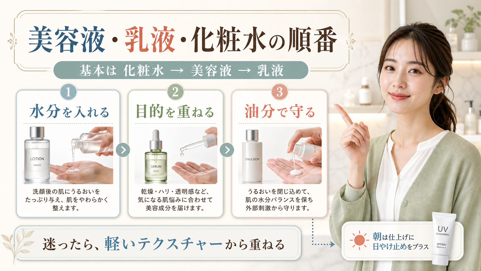 美容液 乳液 化粧水の順番を示す美容ボード
