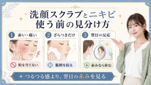 洗顔スクラブとニキビを赤み、ざらつき、翌日の反応で見る美容ボード