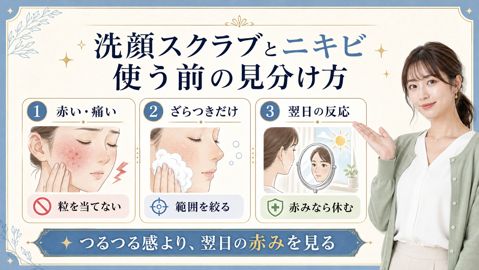 洗顔スクラブとニキビを赤み、ざらつき、翌日の反応で見る美容ボード