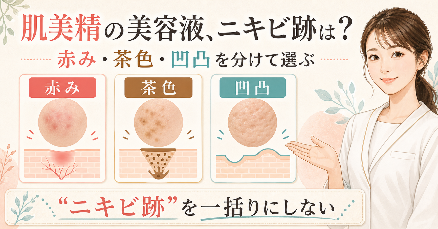 ニキビ跡を赤み、茶色、凹凸に分ける美容ボード