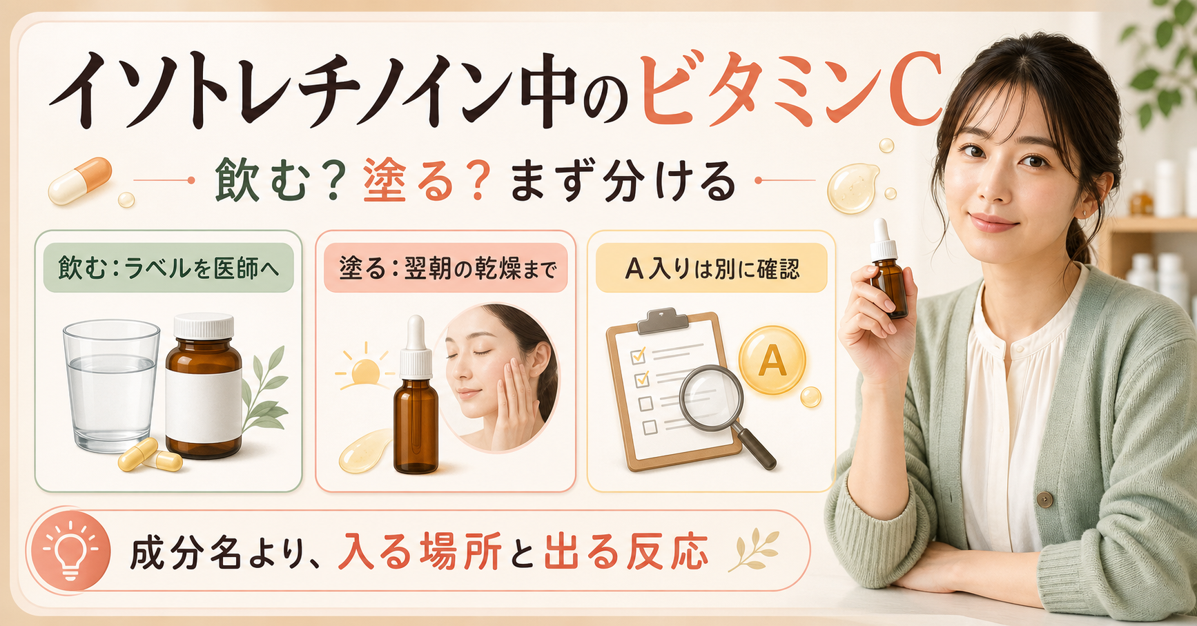イソトレチノイン中のビタミンCを飲む・塗る・ビタミンA入りで分ける図解