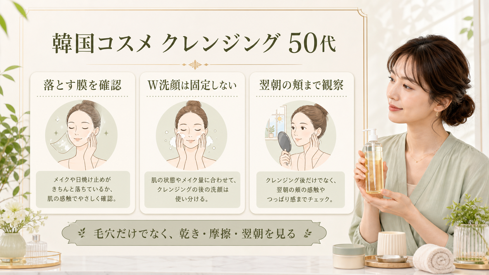 50代の韓国コスメクレンジングの選び方を示す美容ボード