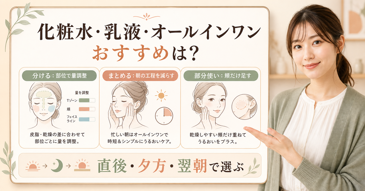 化粧水乳液 オールインワン おすすめに対応する記事用アイキャッチ。