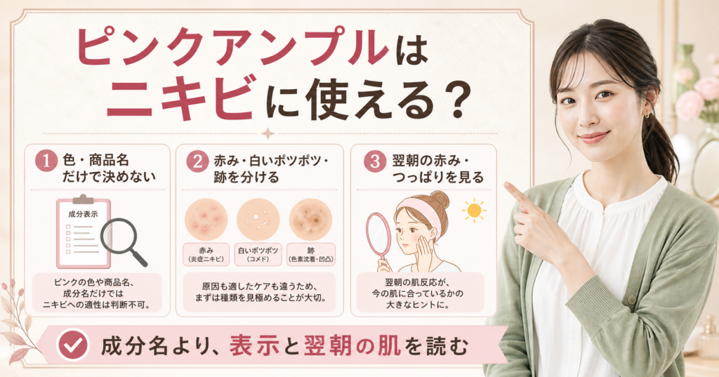 ピンクアンプルをニキビが気になる肌で見るポイントを示す美容ボード