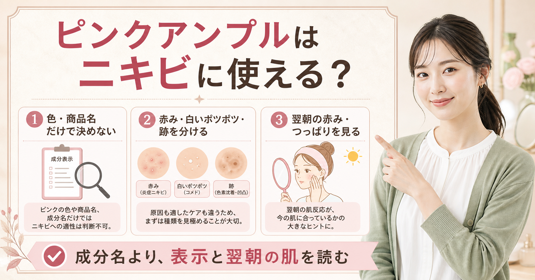 ピンクアンプルをニキビが気になる肌で見るポイントを示す美容ボード