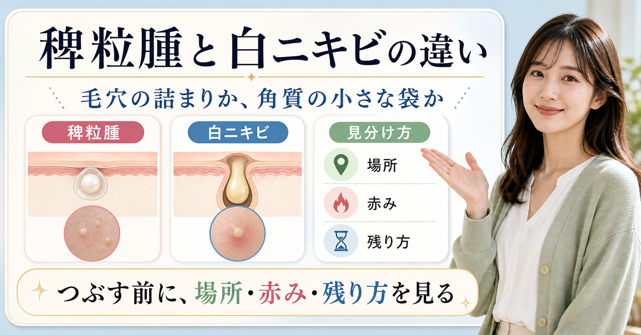 稗粒腫 白ニキビ 違いに対応する記事用アイキャッチ。