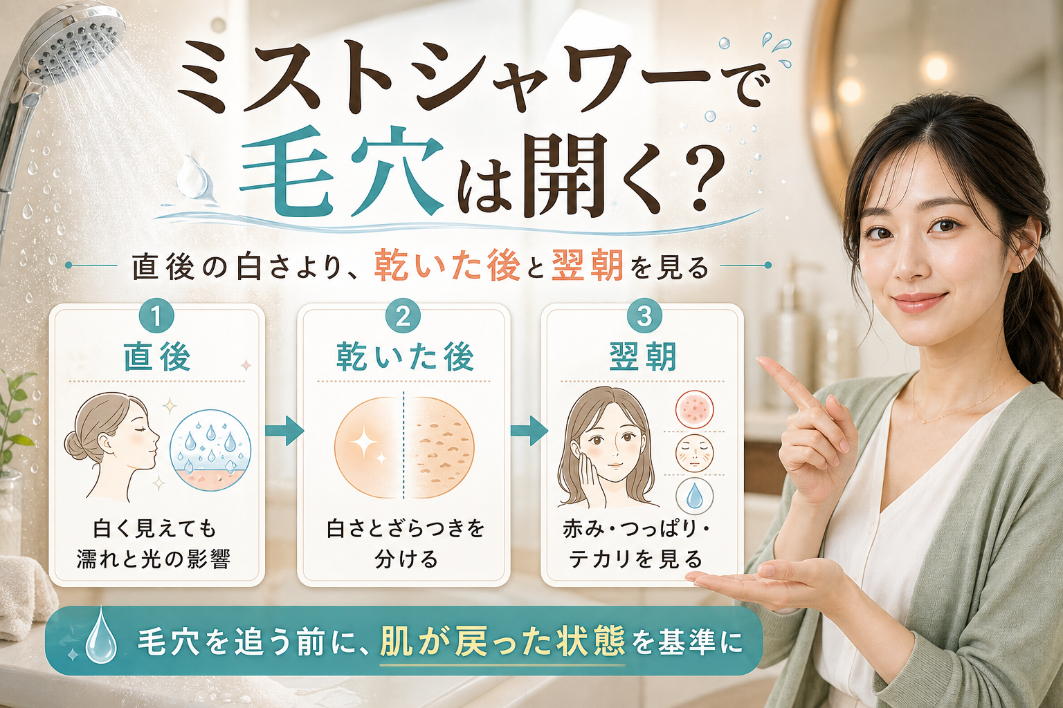ミストシャワー後の毛穴を直後、乾燥後、翌朝で見る美容ボード