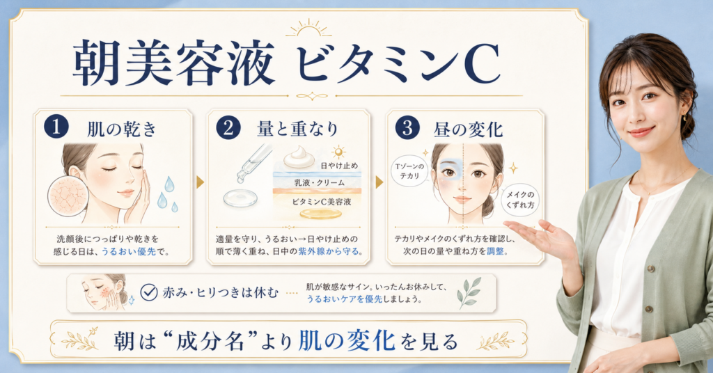 朝にビタミンC美容液を使う順番と肌状態の図