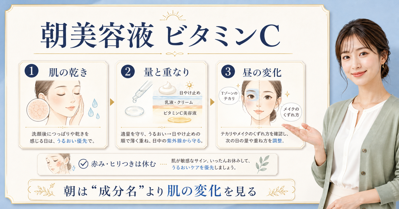 朝にビタミンC美容液を使う順番と肌状態の図