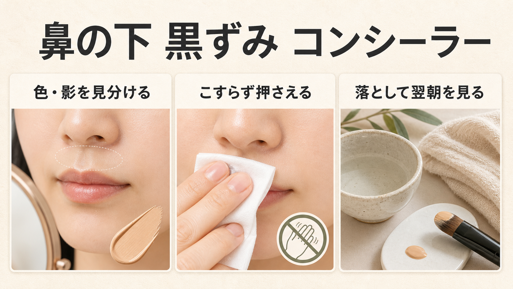 鼻の下の黒ずみを色や影で分けてコンシーラーを考える美容ボード