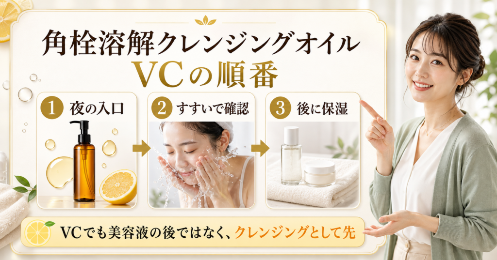 角栓溶解クレンジングオイル VCを夜のクレンジングの入口へ置く順番を示す美容ボード