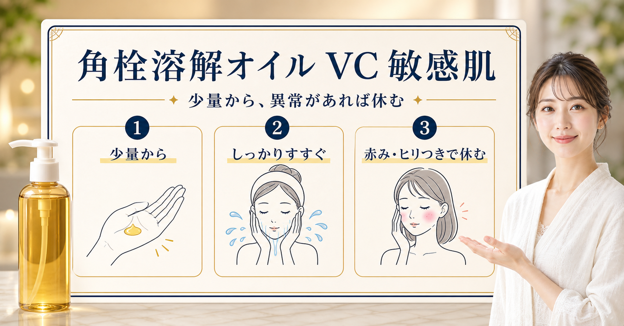 角栓溶解クレンジングオイル VCを敏感肌で少量から使い、すすぎと刺激時の休止を確認する図解