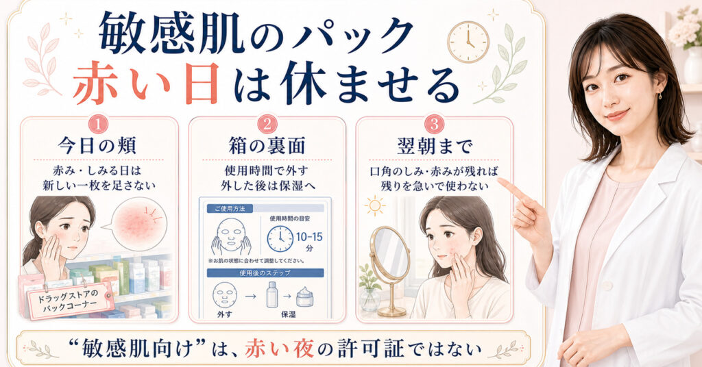 原液美容100マスクpro Vリフトは敏感肌でも使える？パッチテスト表示と相性の見方を示すアイキャッチ