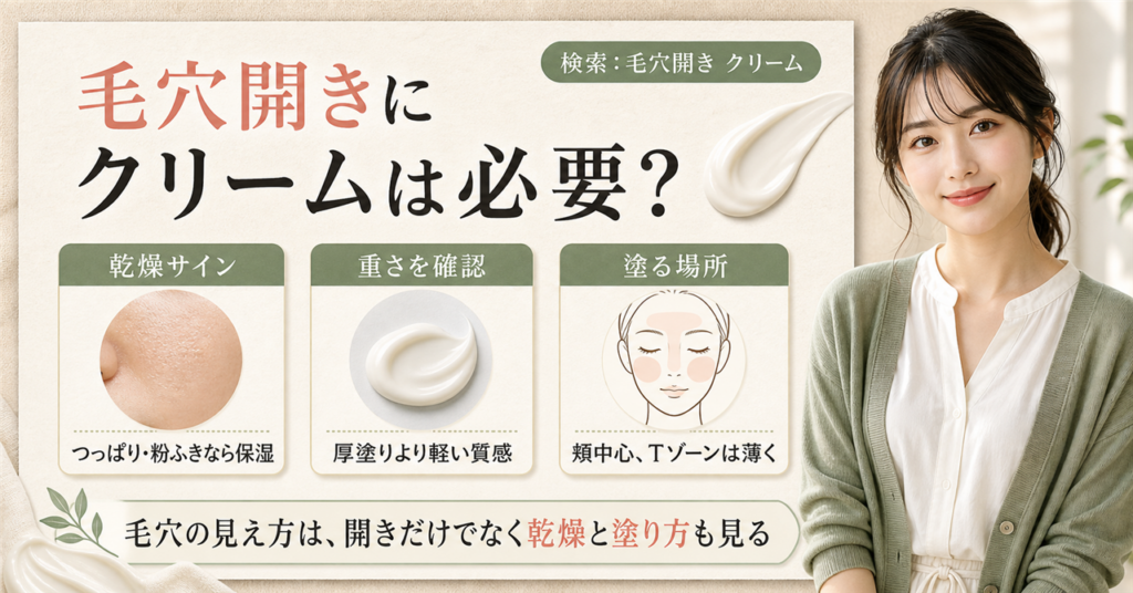 毛穴開きにクリームを使うときの乾燥サイン・重さ・塗る場所を示すアイキャッチ