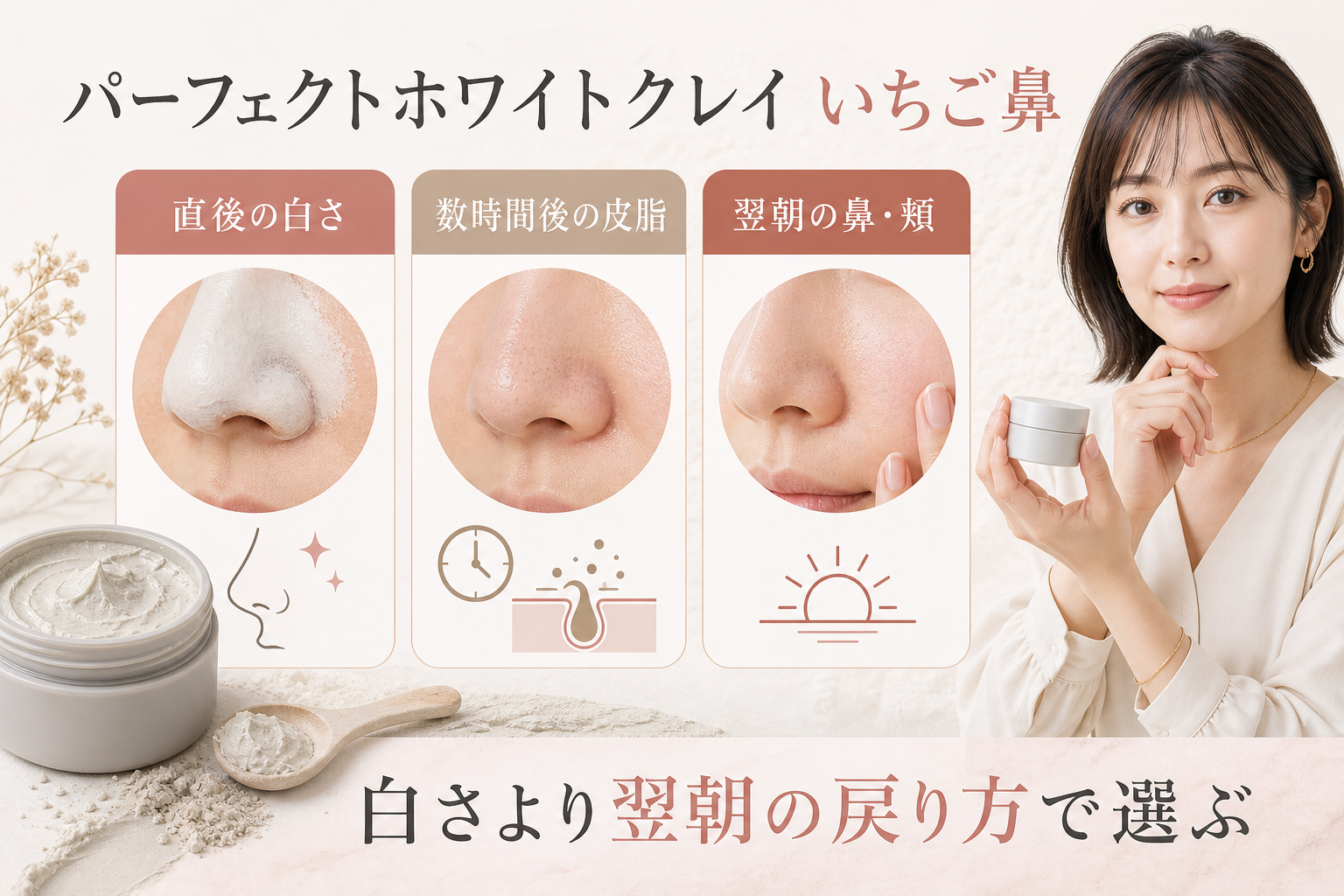 パーフェクトホワイトクレイといちご鼻の判断を示す美容ボード