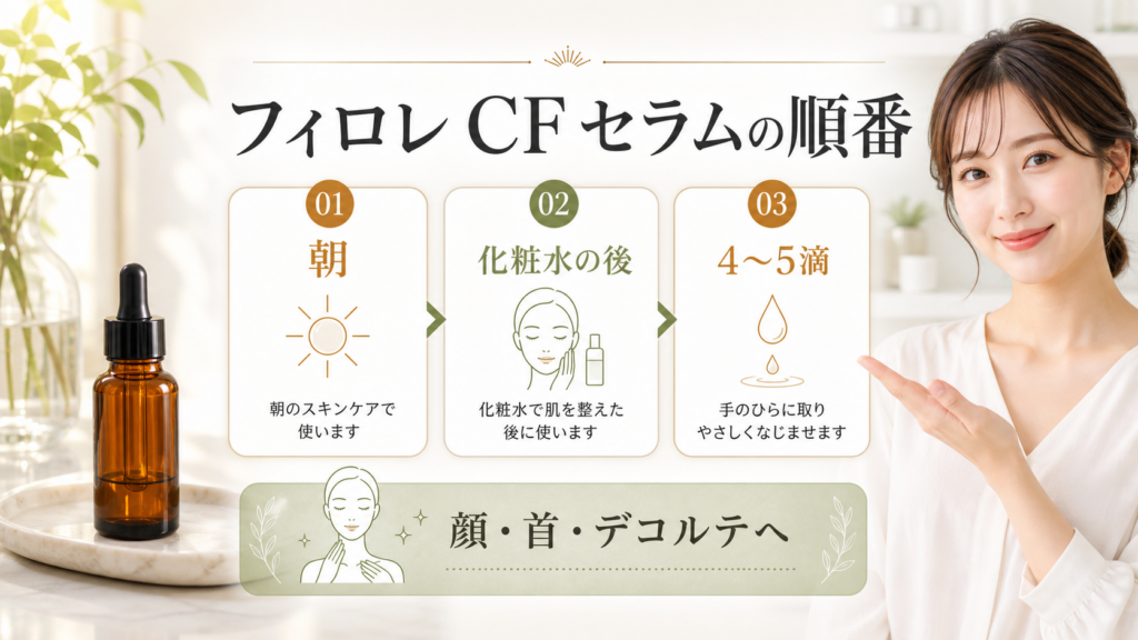 フィロレ CF セラムを使う順番を示す美容ボード