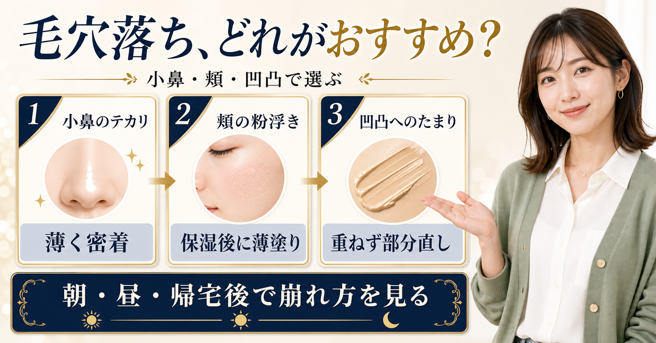 毛穴落ち ファンデーションおすすめに対応する記事用アイキャッチ。