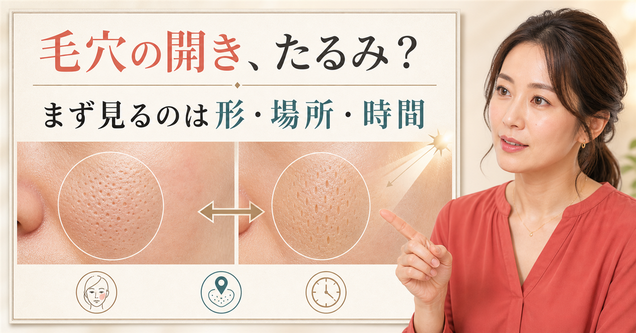 毛穴の開きとたるみを形・場所・時間で観察する図解