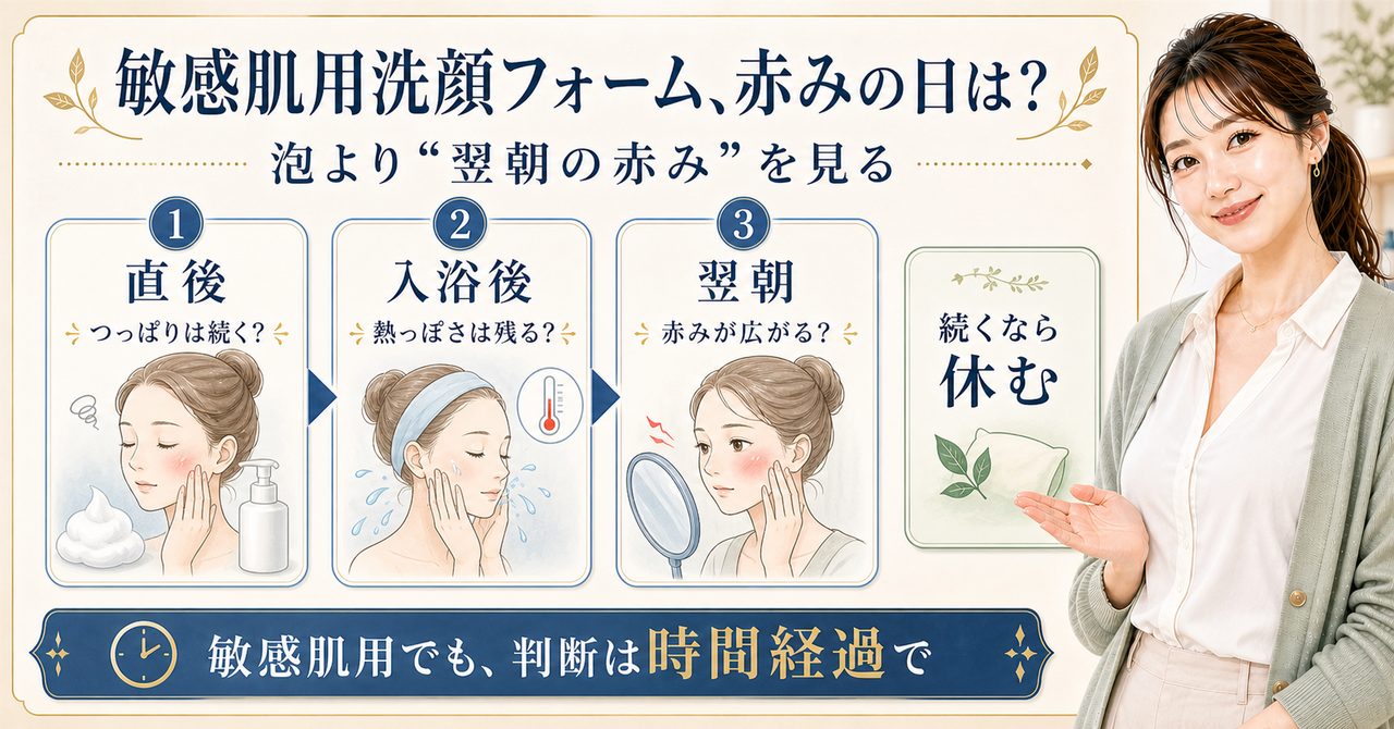 敏感肌用洗顔フォームを使った後の赤みを直後・入浴後・翌朝で判断する図解