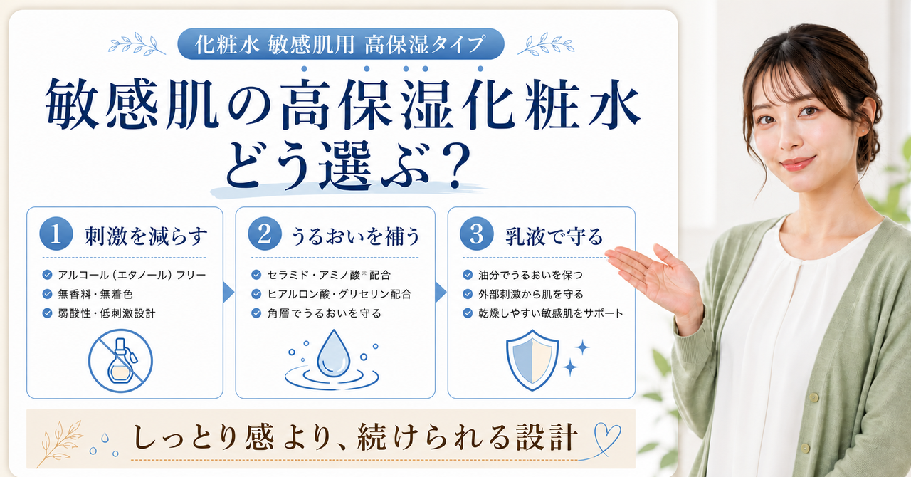 敏感肌の高保湿化粧水を選ぶ三つの判断軸を示すアイキャッチ