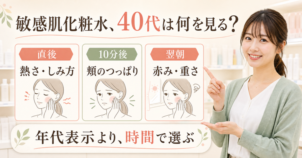 40代の敏感肌が化粧水を選ぶ視点を示すイメージ