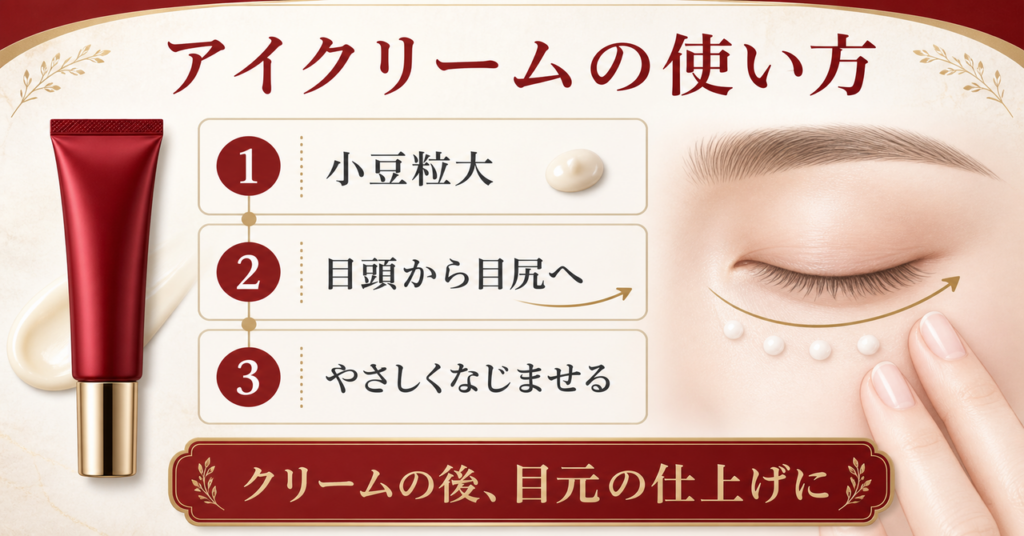スパトリートメント Luxe アイクリームの使い方を示す図解